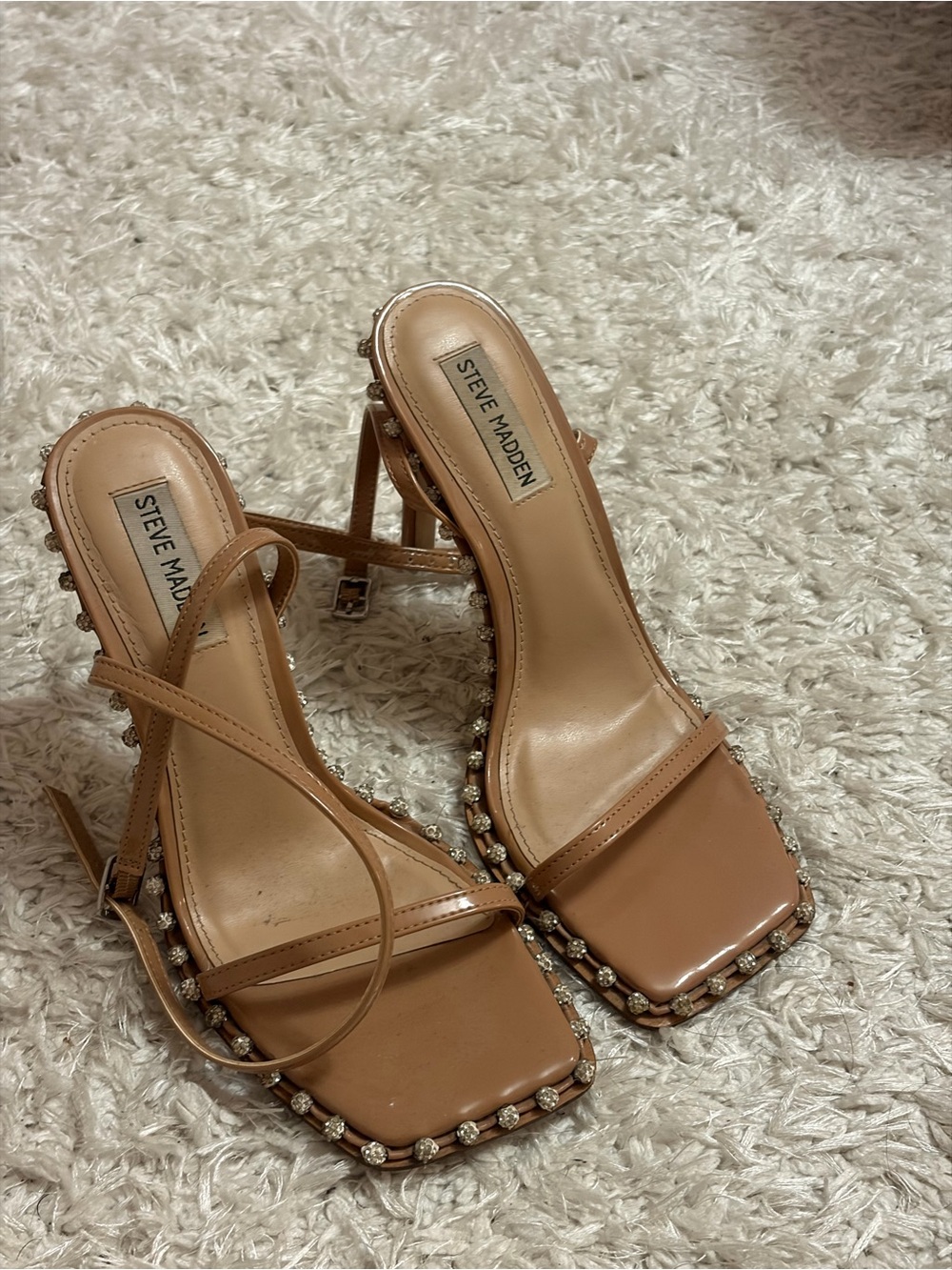 Steve Madden Tan Strappy Square-Toe Heels with Crystal Trim